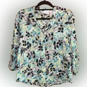 Alfred Dunner Leaf Print Button-Down Shirt - Blue, Green, Black